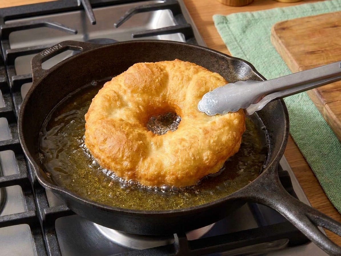 A round of fry bread bubbling in hot oil in a skillet as it turns golden and puffs slightly