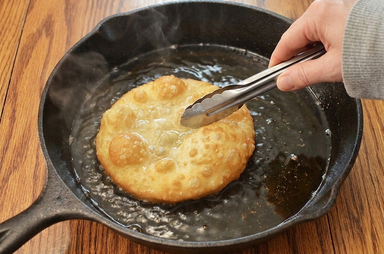 A round of fry bread puffing and turning golden as it fries in hot oil in a deep skillet