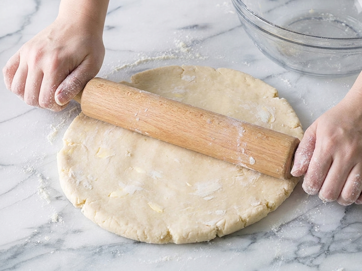 A round of pale pasty dough being rolled with a wooden rolling pin on a lightly floured countertop
