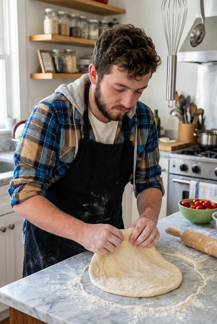 A round of pizza dough being stretched by hand on a floured countertop