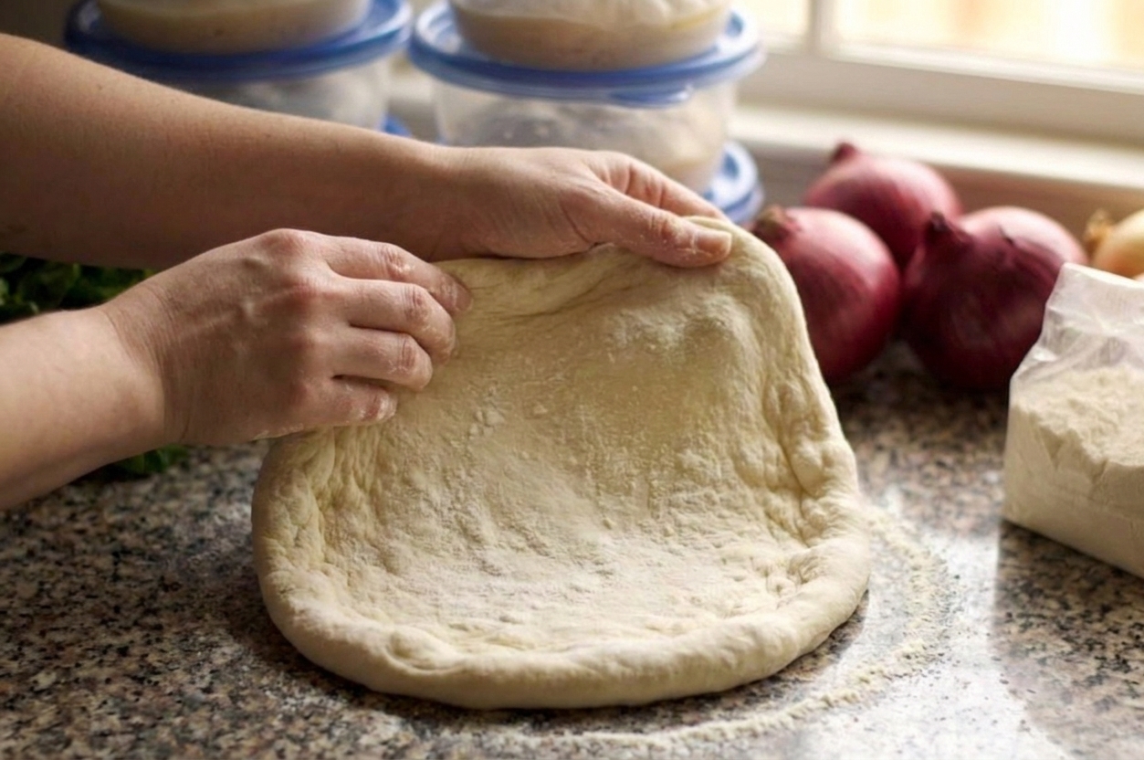 A round of pizza dough being stretched on a floured countertop with a slightly thicker rim
