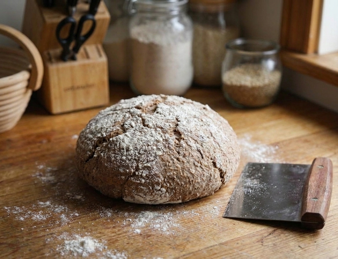 A round of rye sourdough dough resting on a lightly floured counter with a bench scraper beside it