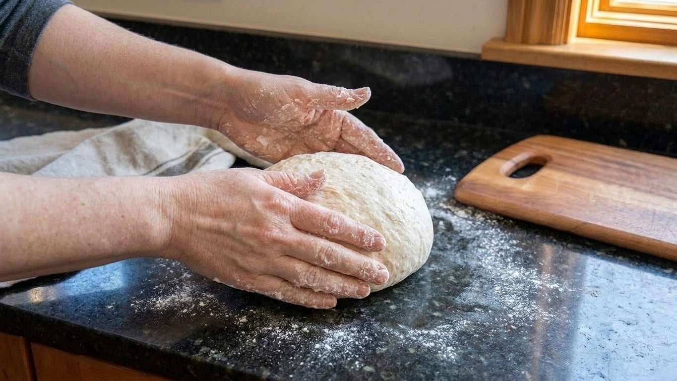 A round of sourdough dough being pre-shaped into a boule on a lightly floured kitchen counter