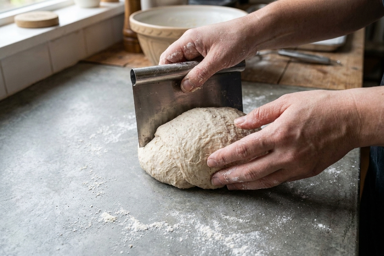 A round of sourdough dough being pre-shaped on a lightly floured counter with a bench scraper