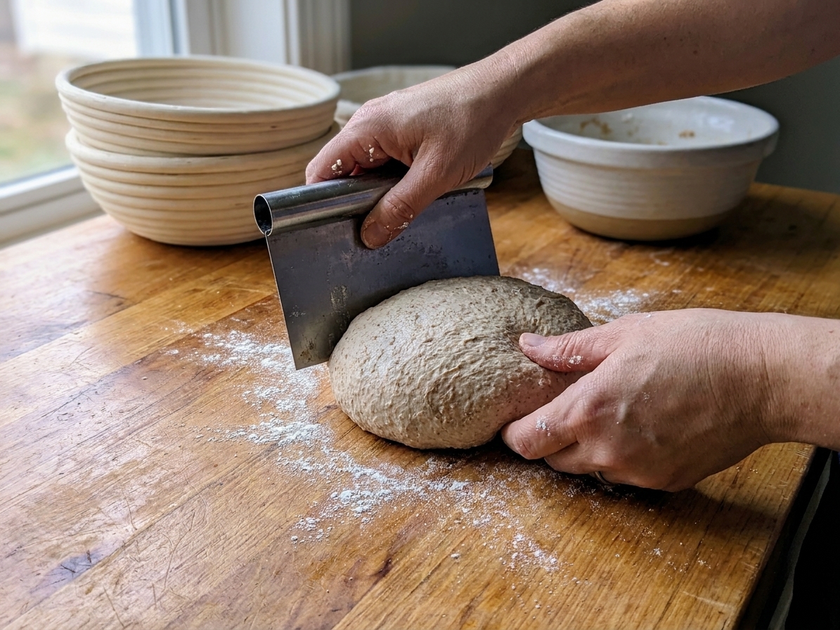 A round of whole wheat sourdough dough being tightened on a wooden counter with a bench scraper, flour lightly dusted around it