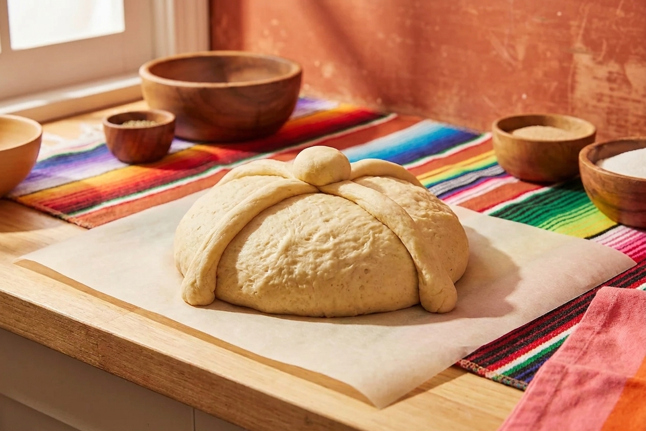 A round pan de muerto dough ball on parchment with two rope-like dough bones crossed on top and a small dough knob in the center