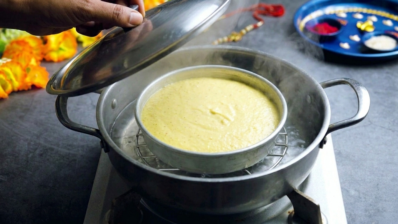 A round pan of dhokla batter sitting on a rack inside a large pot with steam rising, lid lifted slightly to show the setup on a home stove