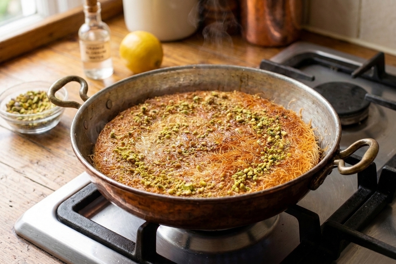 A round pan of golden, crispy cheese knafeh topped with chopped pistachios, photographed on a warm kitchen counter with soft natural light