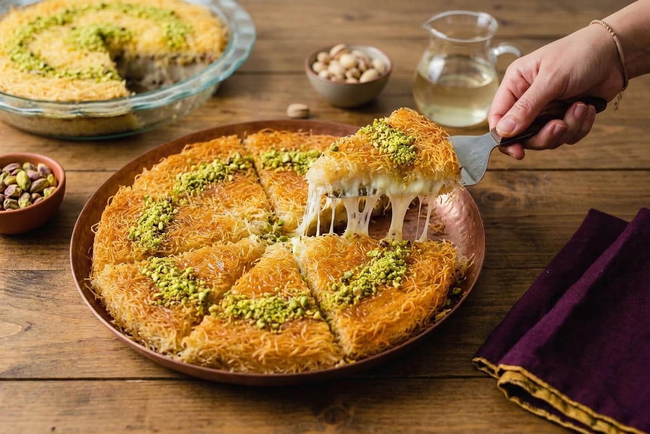 A round pan of golden kunafa with a crisp shredded pastry top, cut into wedges with stretchy melted cheese, finished with pistachios on a warm kitchen table