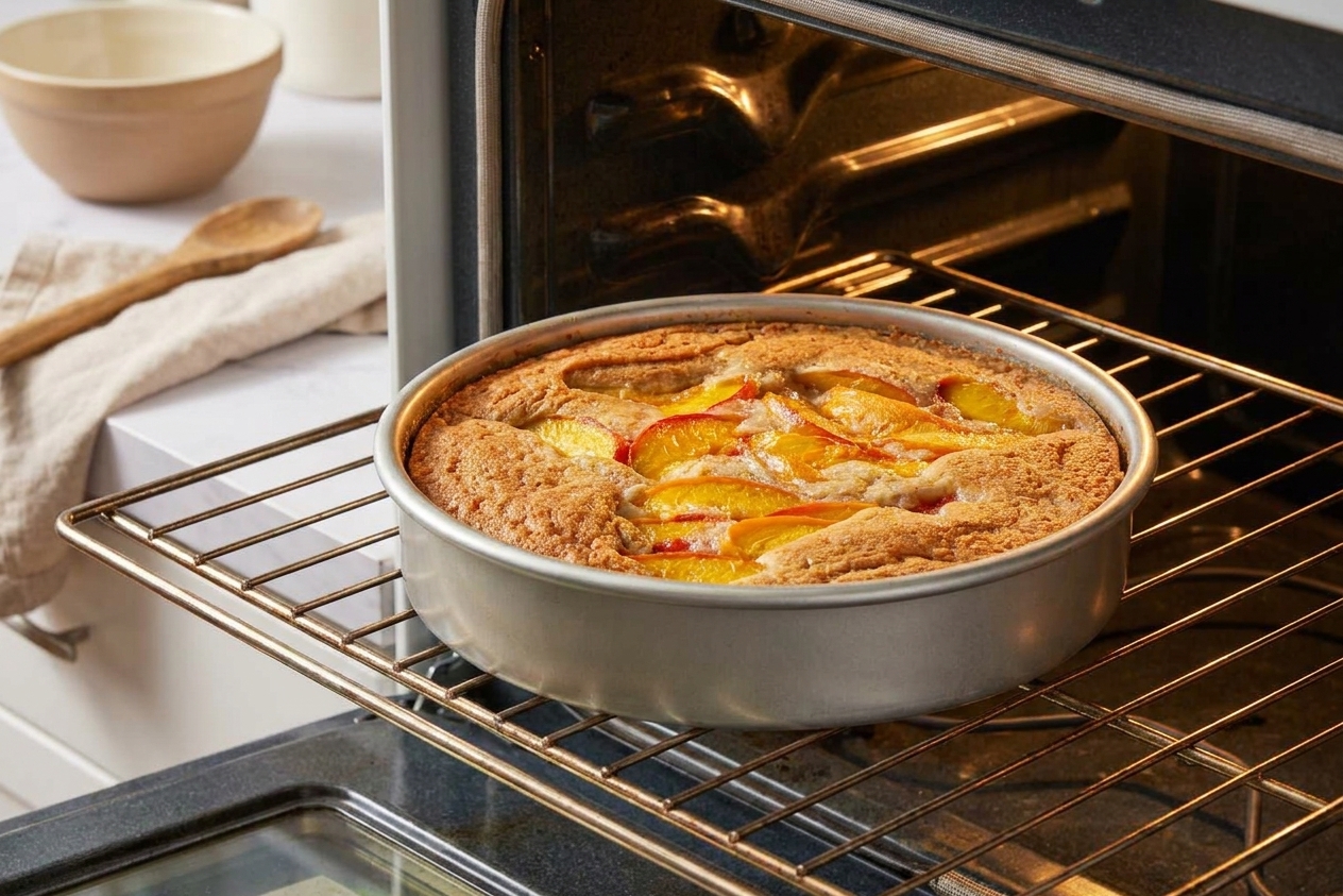 A round peach cake baking on the center rack of a home oven, warm light, door slightly open