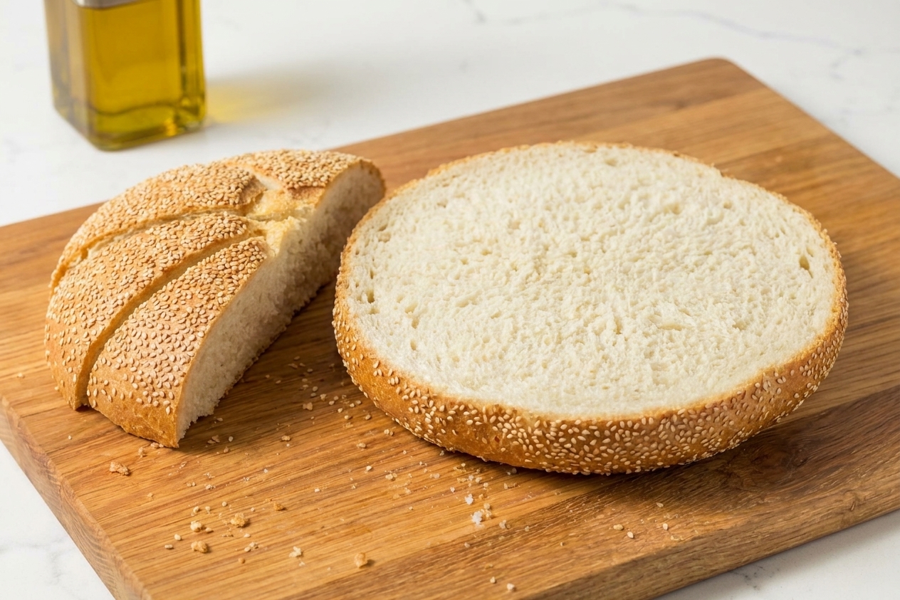 A round sesame loaf sliced horizontally on a cutting board with the top half set aside