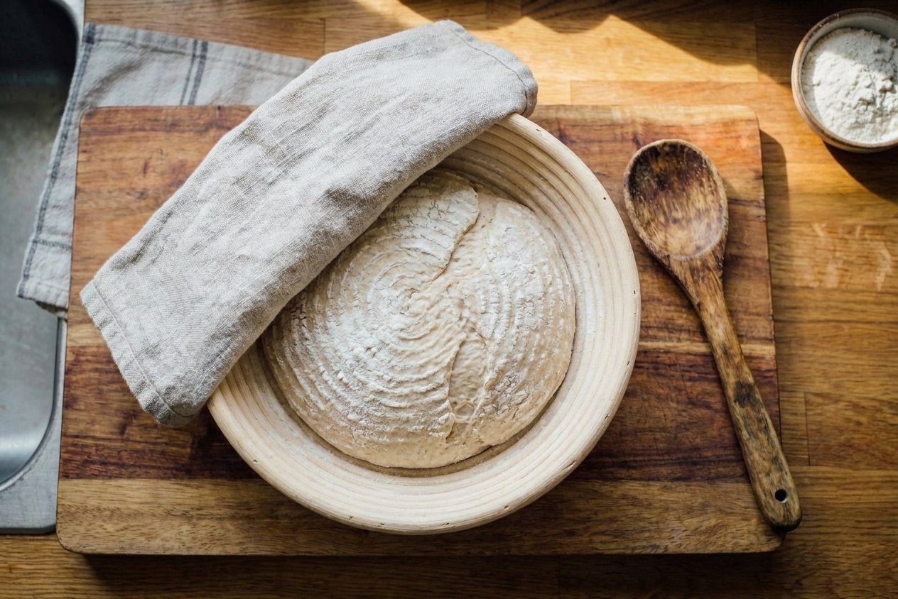 A round sourdough dough resting seam-side up in a floured proofing basket covered with a cloth on a kitchen counter