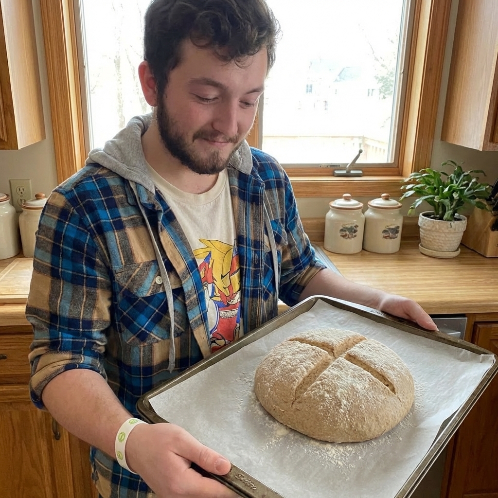 A round unbaked wholemeal bread dough on parchment paper with a deep cross score on top, sitting on a baking sheet in a home kitchen with natural light, photorealistic
