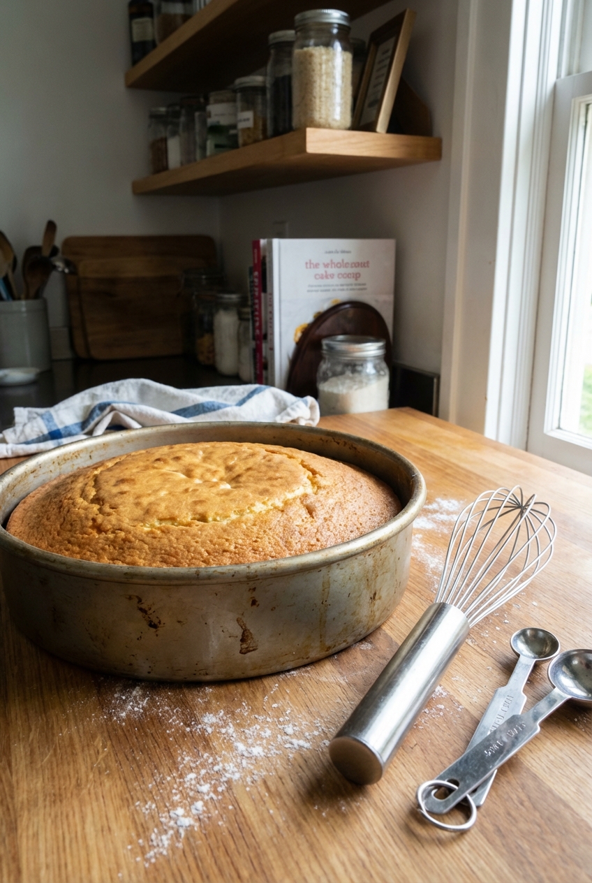 A round vanilla cake cooling in a metal pan on a kitchen counter with a whisk and measuring spoons nearby