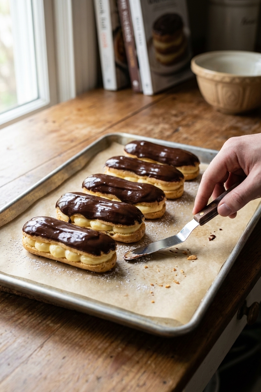 A row of classic chocolate éclairs on a parchment-lined baking sheet, filled with vanilla pastry cream and topped with glossy chocolate glaze, natural window light, real food photography