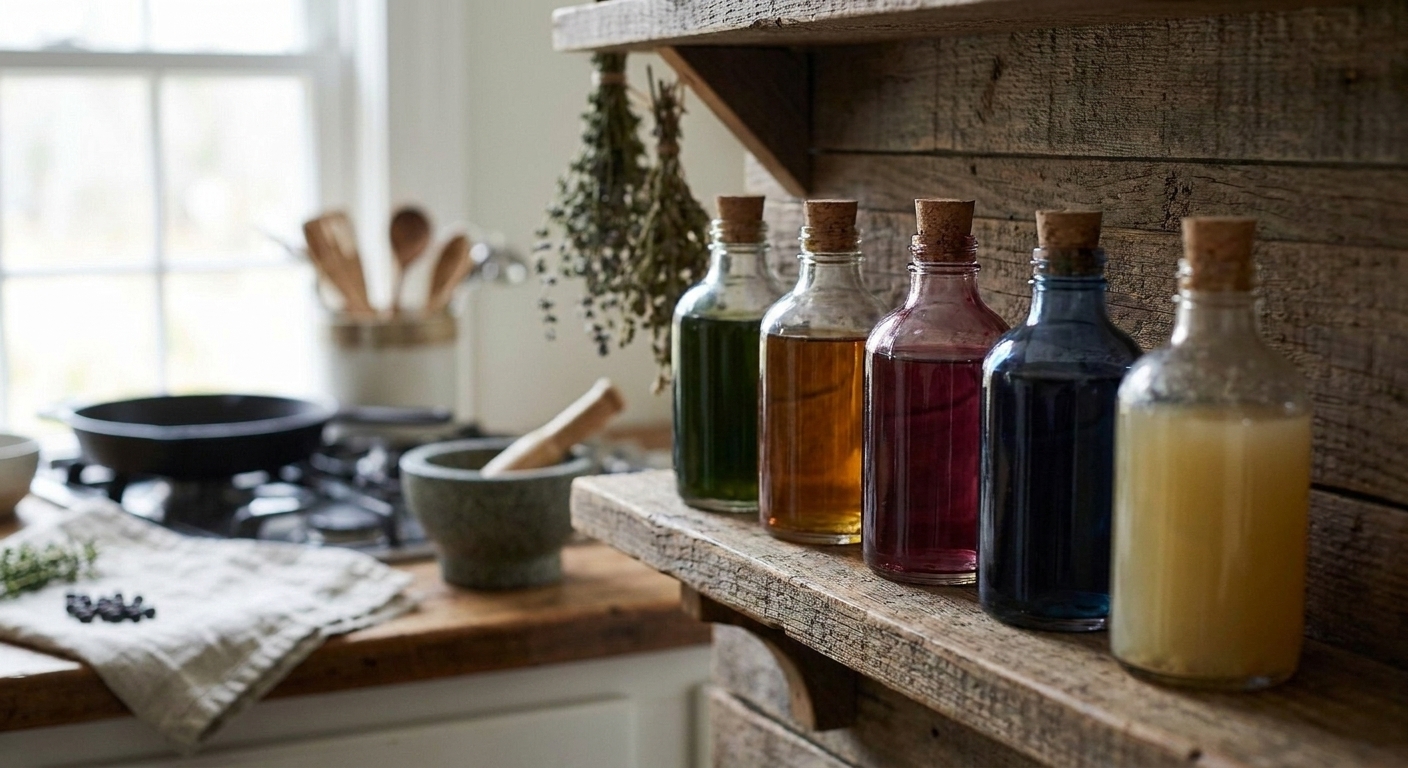A row of colorful potion bottles with cork stoppers lined up on a wooden kitchen shelf