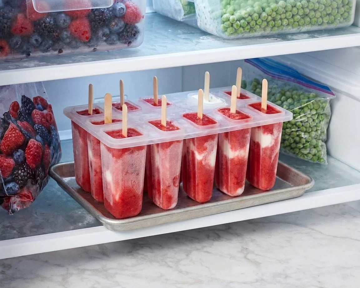 A row of filled-popsicle molds standing upright on a small sheet pan inside a home freezer