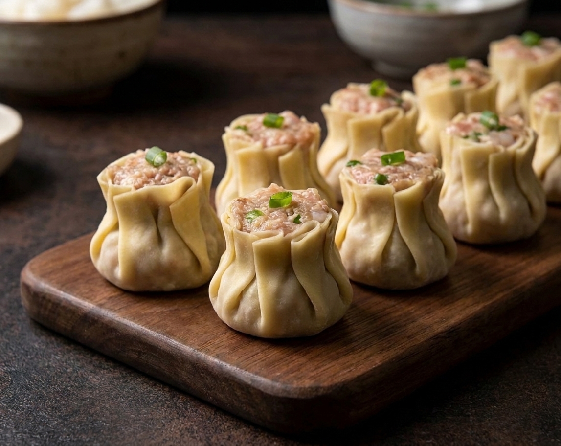 A row of freshly shaped shumai standing upright on a wooden cutting board, wrappers gathered neatly around the filling