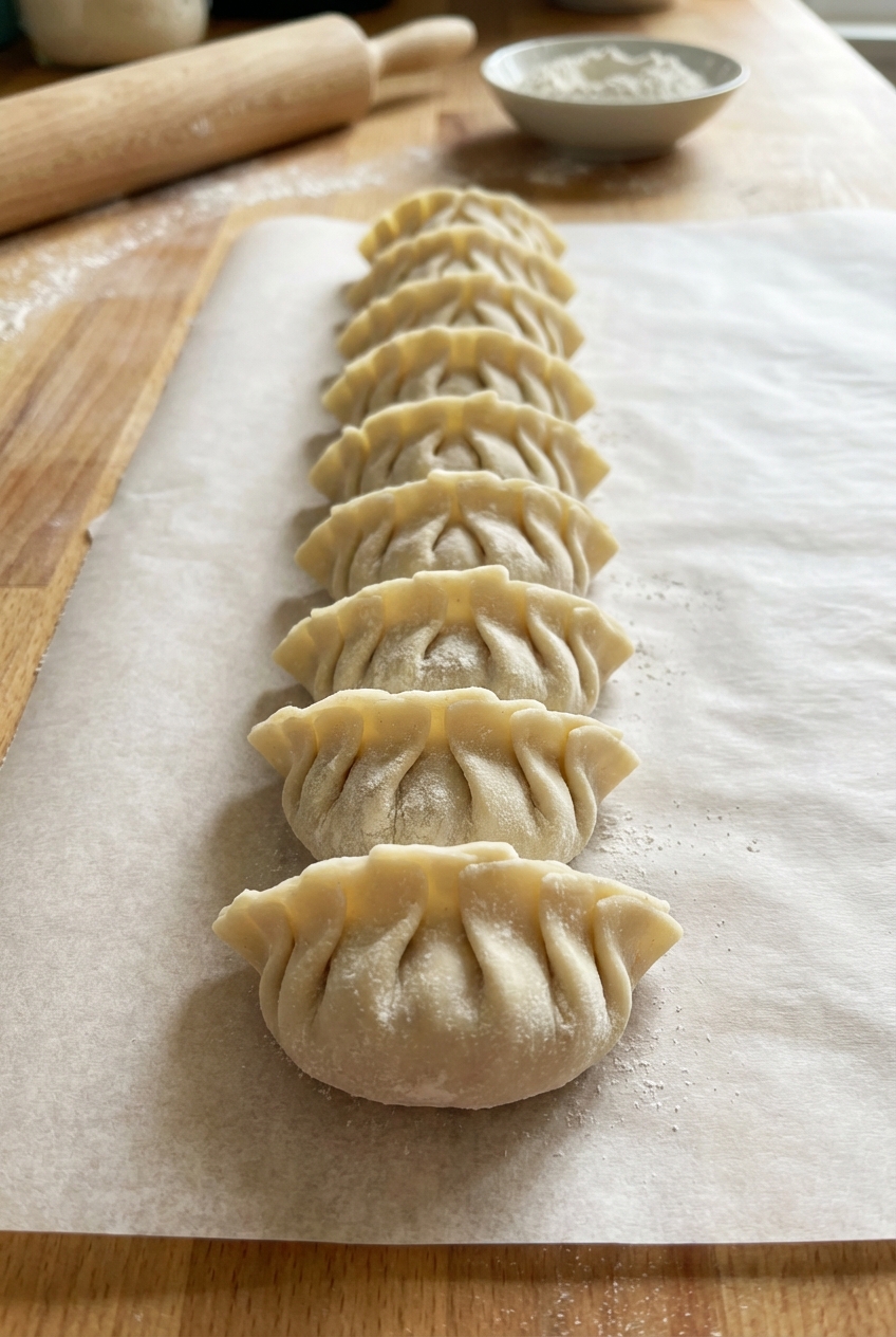 A row of uncooked chicken dumplings lined up on parchment paper, ready to cook