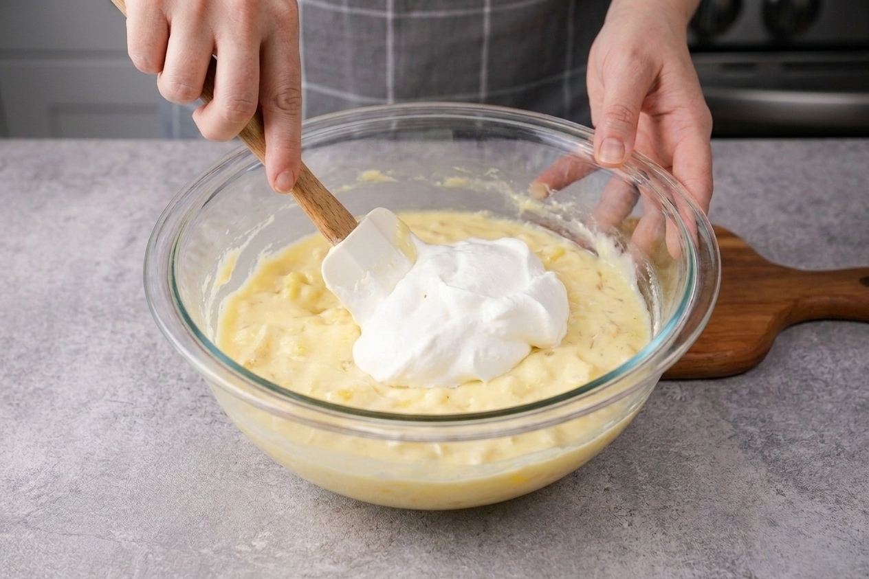 A rubber spatula folding Cool Whip into a pale creamy mixture in a large bowl on a bright kitchen counter