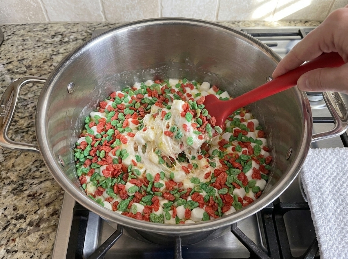 A rubber spatula folding Rice Krispies cereal into melted marshmallow mixture inside a large pot