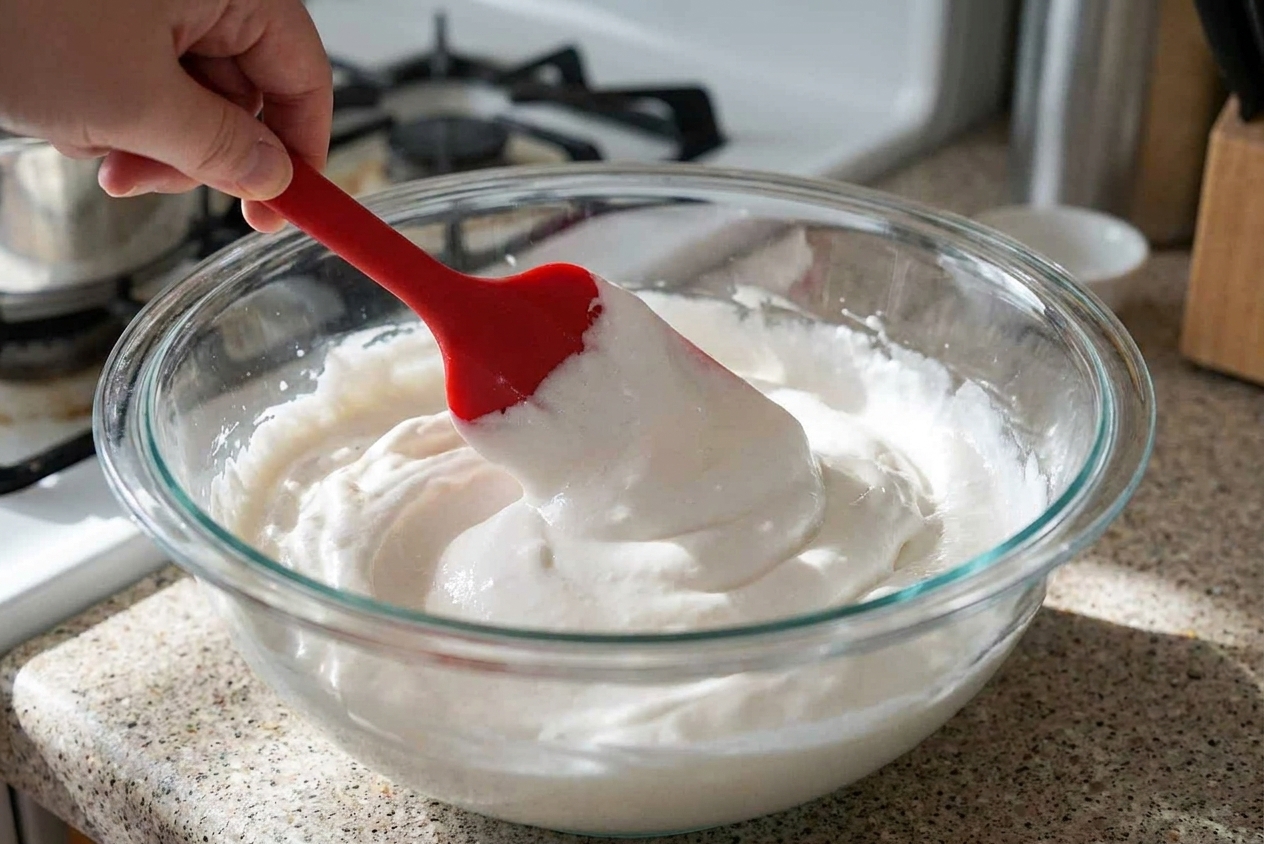 A rubber spatula folding a glossy coconut cream mixture into softly whipped cream in a large mixing bowl on a kitchen counter