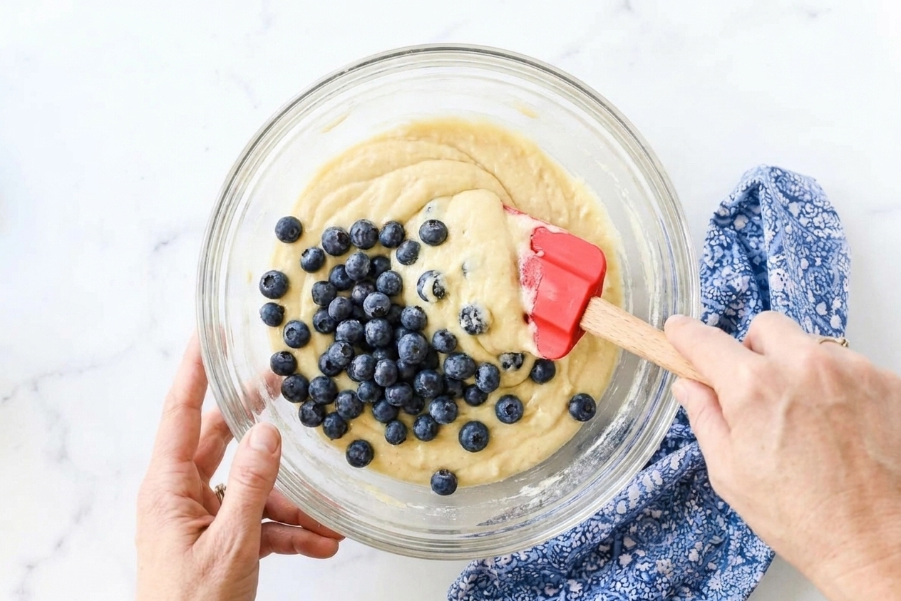 A rubber spatula folding blueberries into thick vanilla cake batter