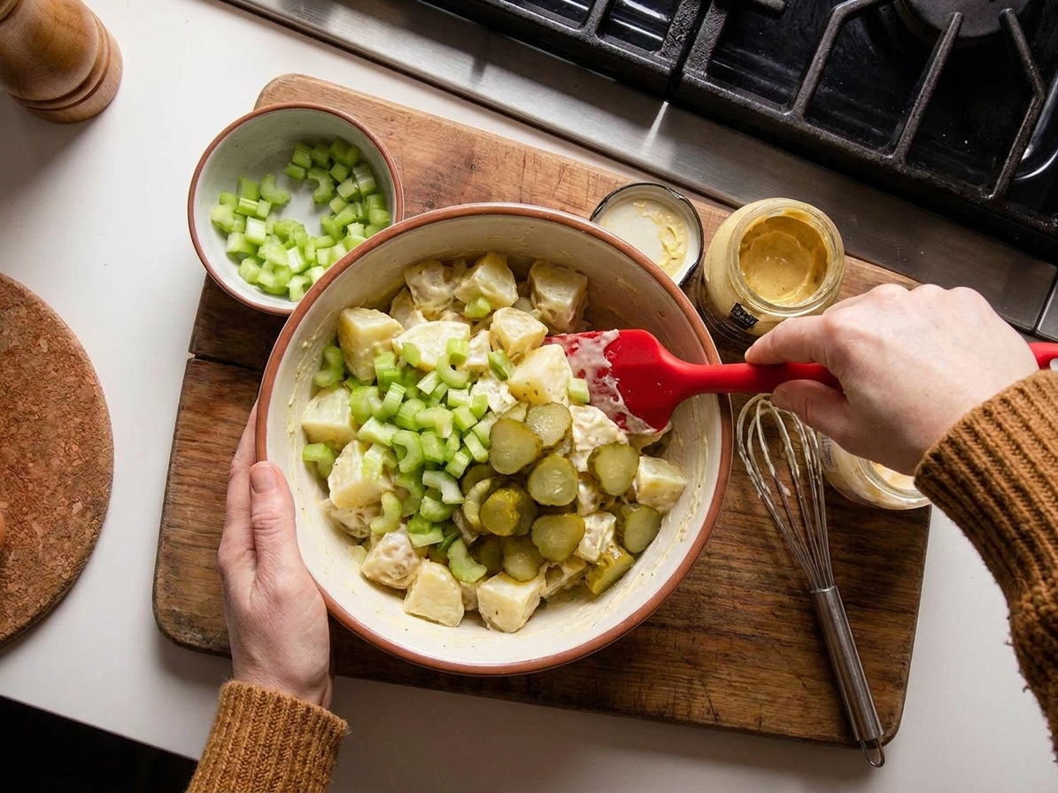 A rubber spatula folding celery and pickles into a bowl of dressed potatoes on a kitchen counter