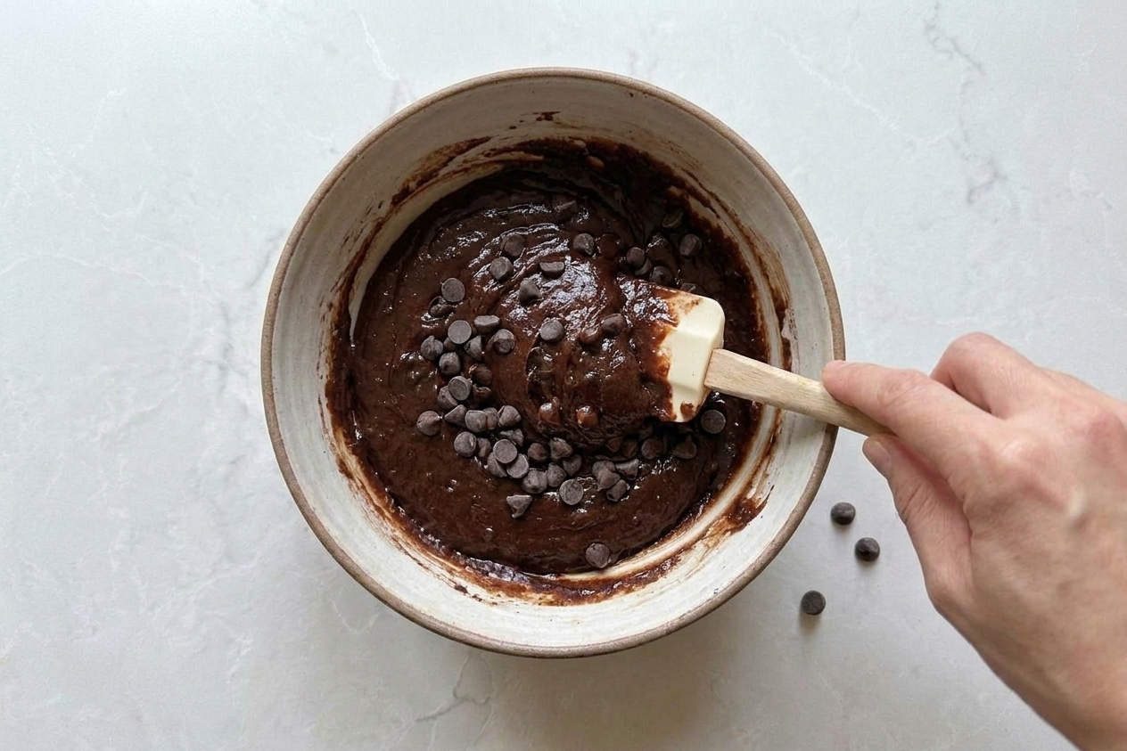 A rubber spatula folding chocolate chips into brownie batter in a mixing bowl