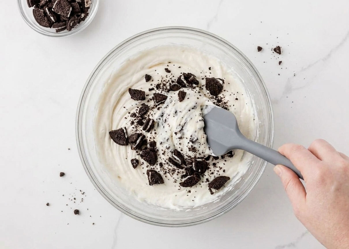 A rubber spatula folding chopped Oreo cookie pieces into a creamy cheesecake mixture in a large bowl