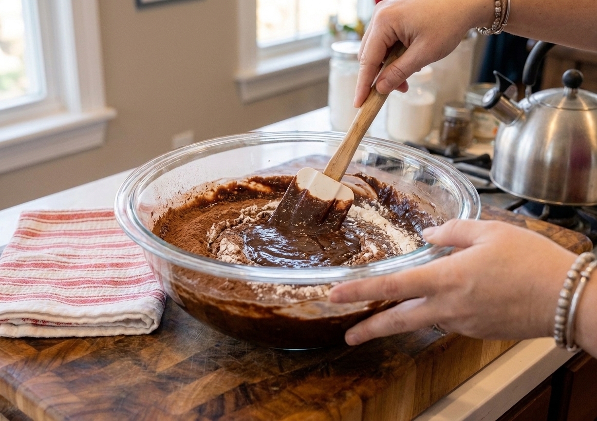 A rubber spatula folding cocoa powder and flour into chocolate batter in a large mixing bowl