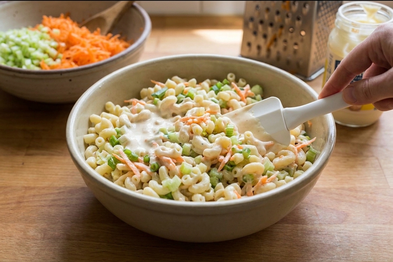 A rubber spatula folding creamy dressing into macaroni salad in a large mixing bowl