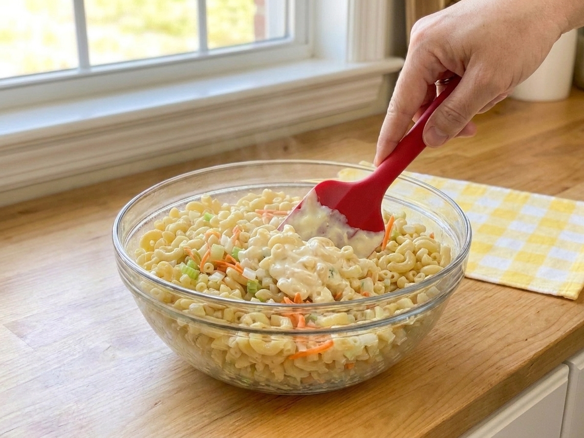 A rubber spatula folding creamy mayo dressing into macaroni with grated carrots and onion in a large mixing bowl