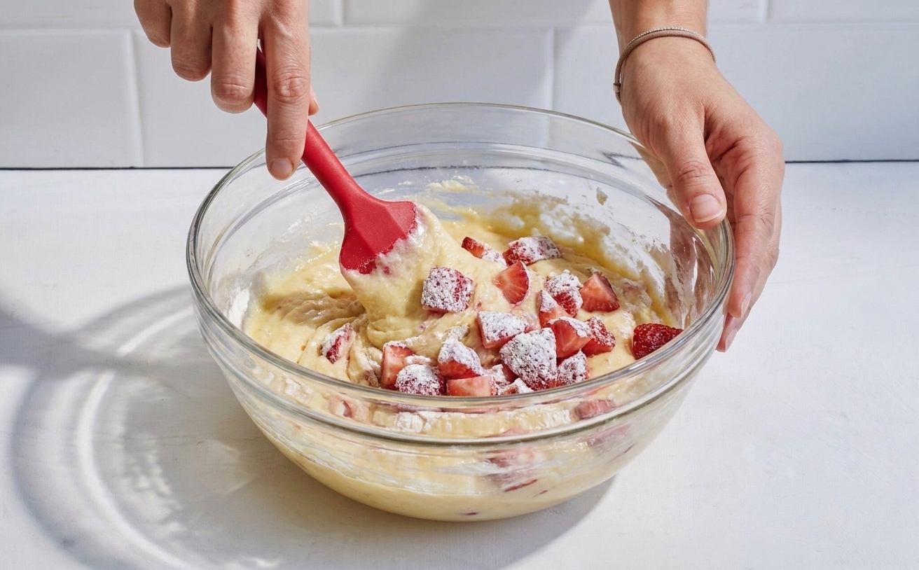 A rubber spatula folding flour-dusted diced strawberries into thick quick bread batter in a large mixing bowl