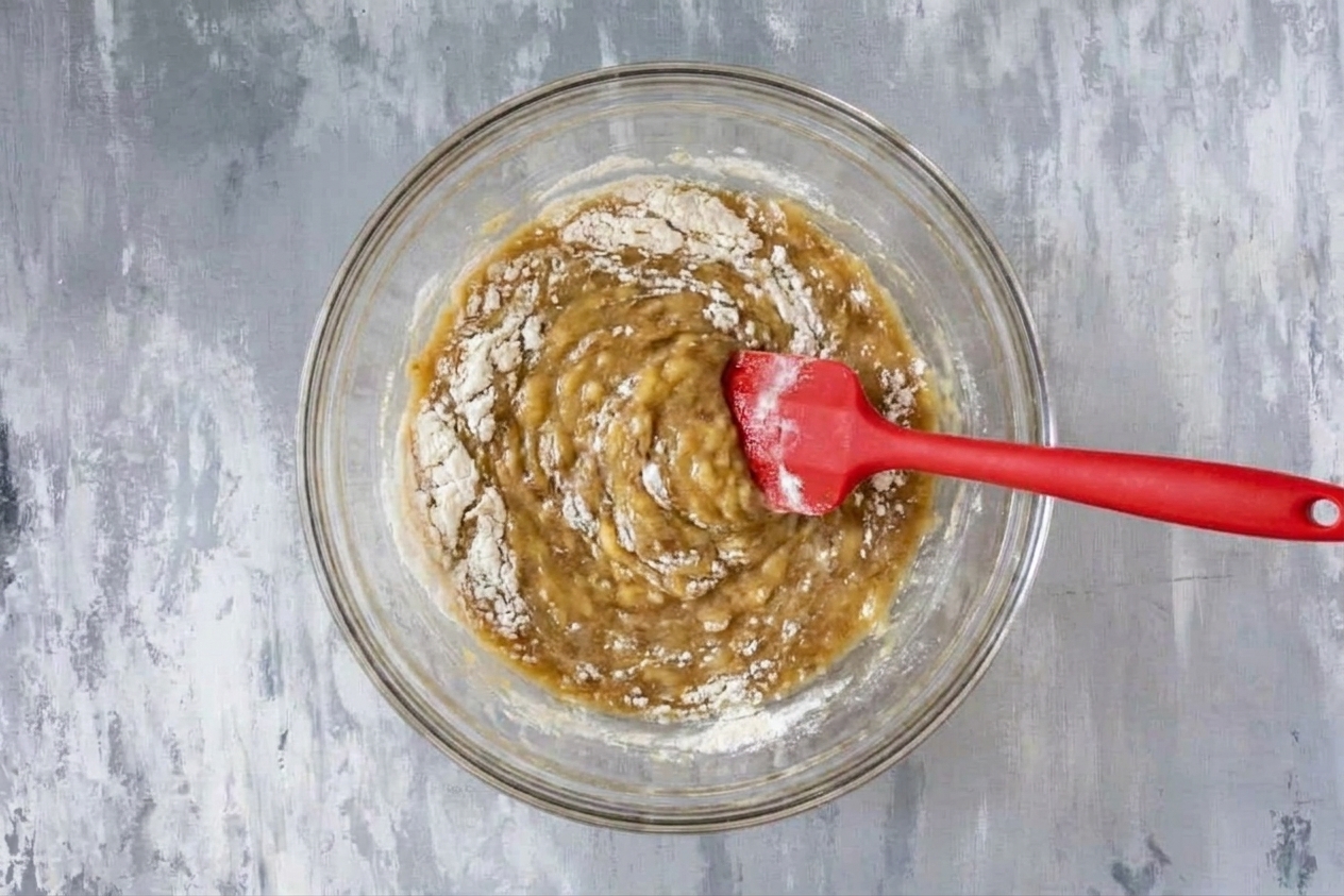 A rubber spatula folding flour into banana bread batter in a mixing bowl, mid-stir