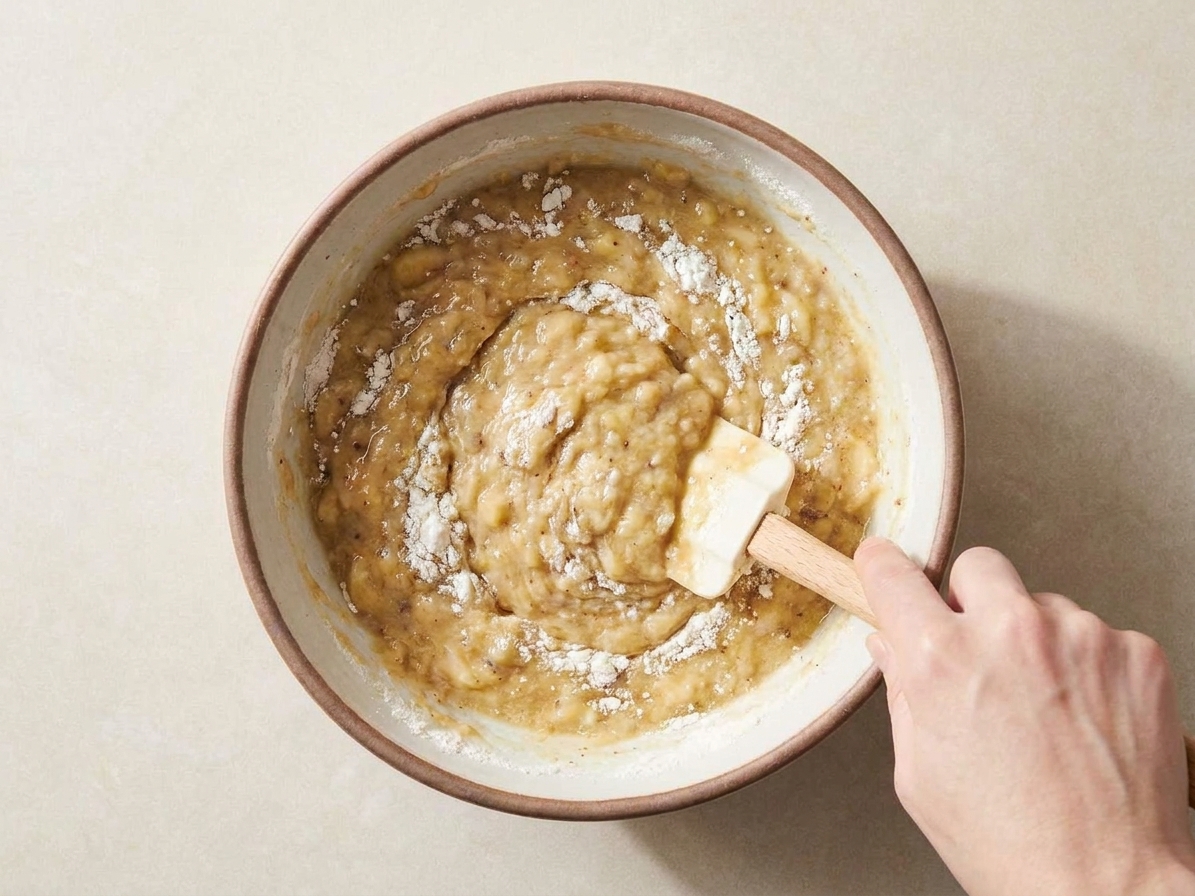 A rubber spatula folding flour into banana bread batter in a large bowl with streaks of flour just disappearing