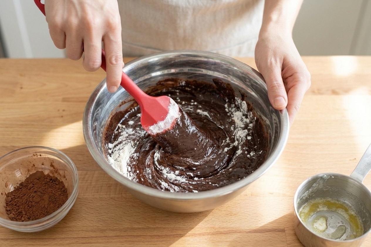 A rubber spatula folding flour into dark brownie batter in a mixing bowl