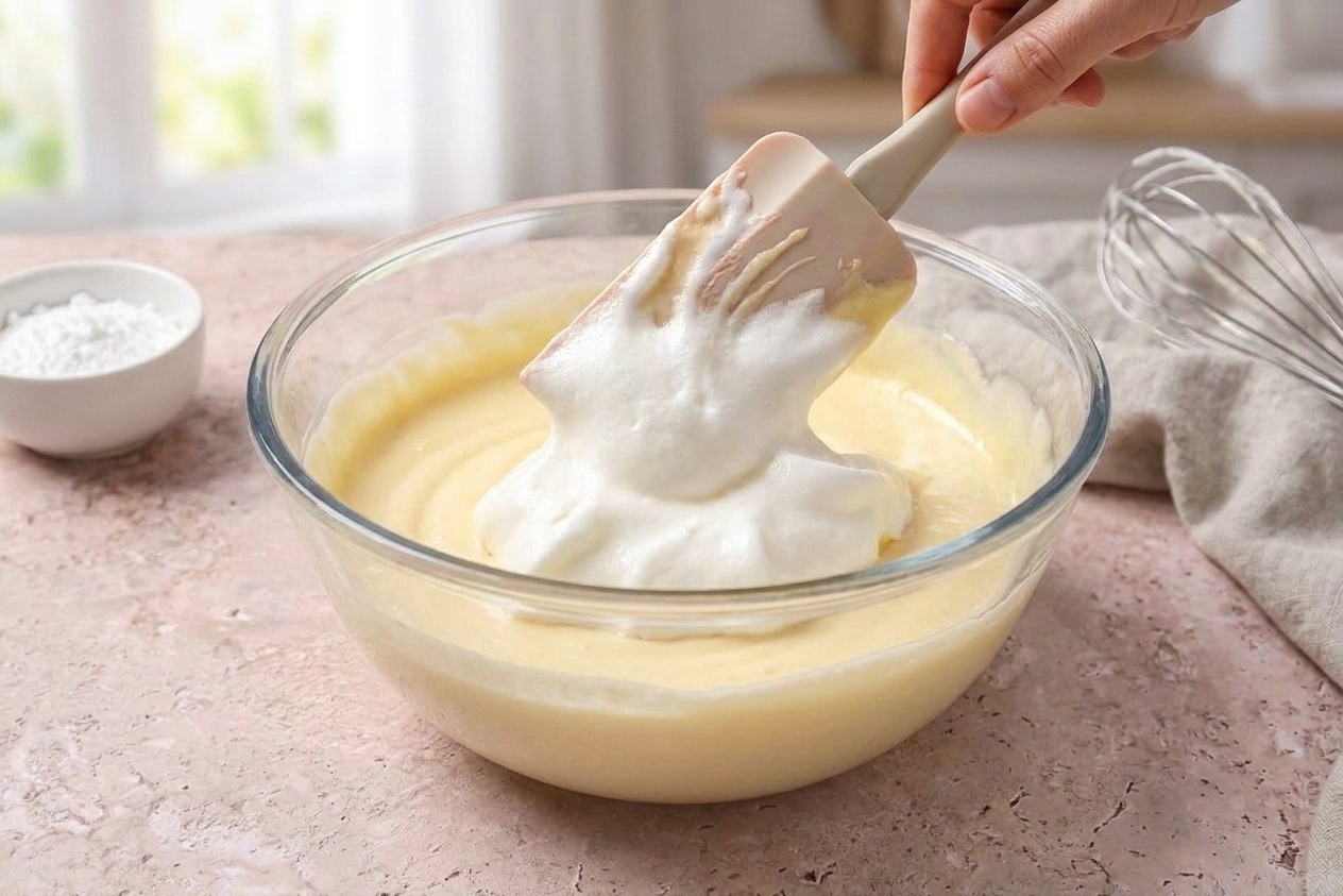 A rubber spatula folding fluffy meringue into pale chiffon batter in a large mixing bowl