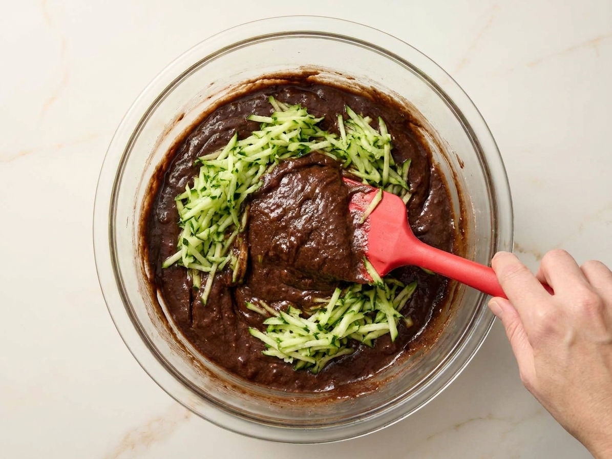 A rubber spatula folding grated zucchini into dark chocolate quick bread batter in a large mixing bowl on a kitchen counter.