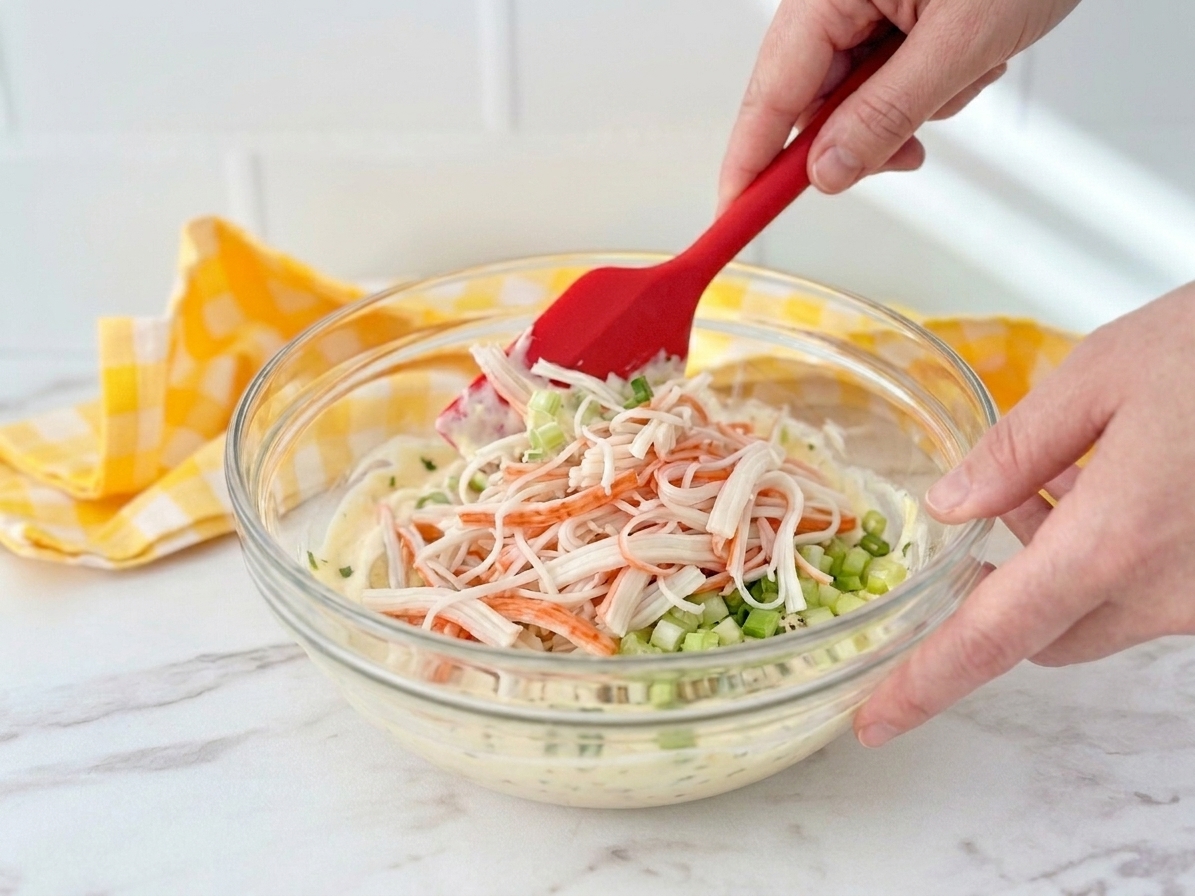 A rubber spatula folding shredded imitation crab into a creamy dressing with celery and green onions in a mixing bowl