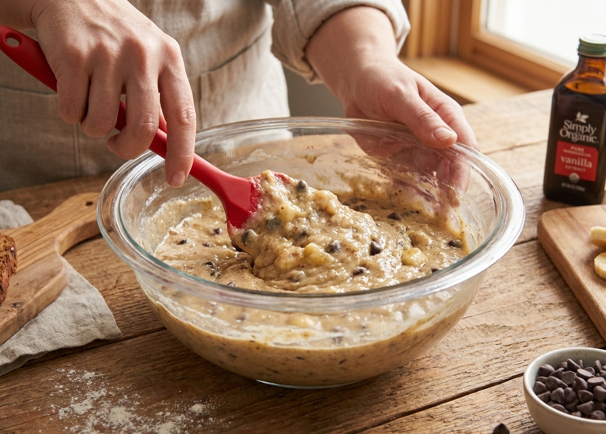 A rubber spatula folding thick banana bread batter in a large mixing bowl, hands visible, warm kitchen lighting
