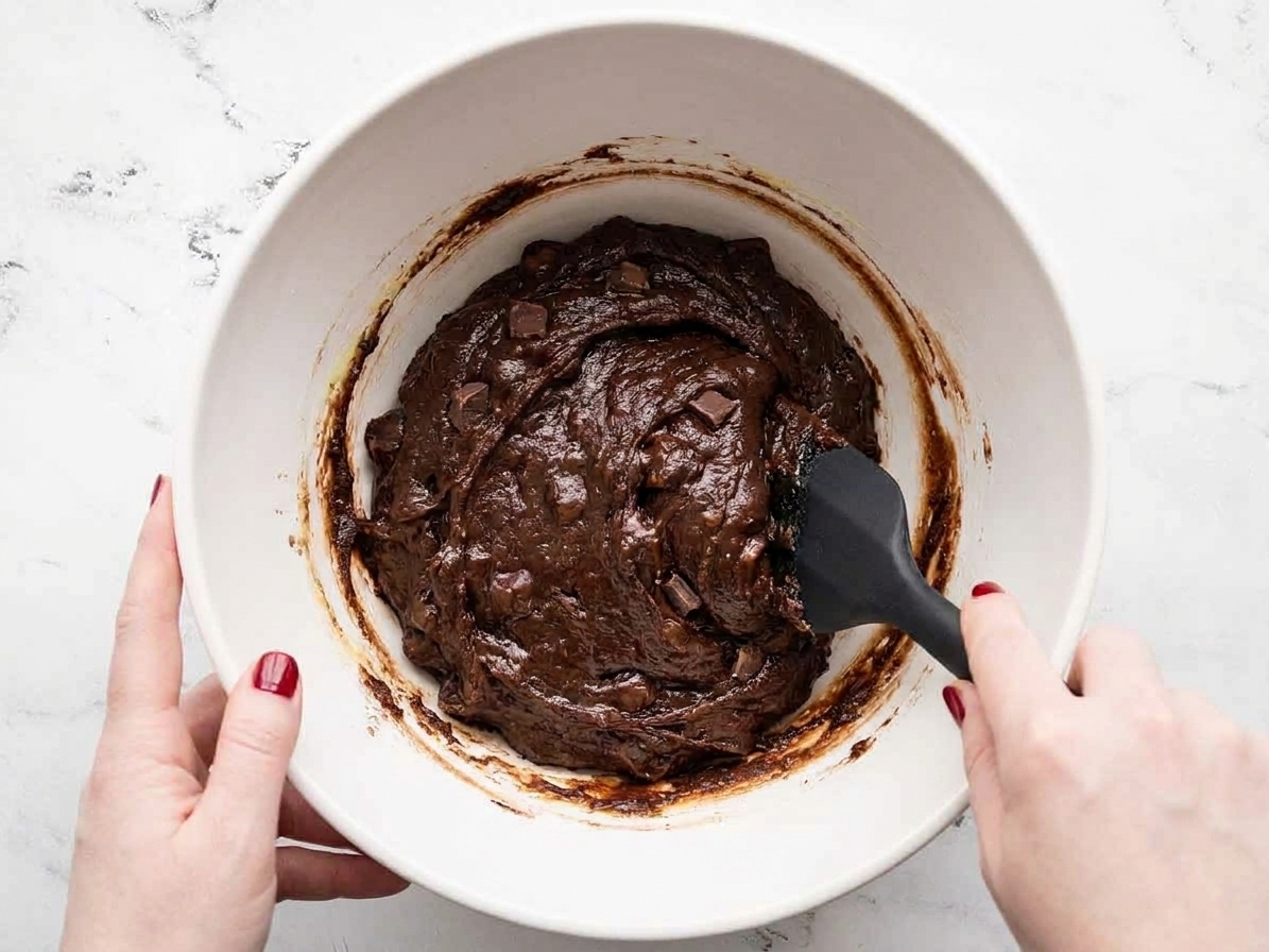 A rubber spatula folding thick chocolate cookie dough in a mixing bowl on a kitchen counter