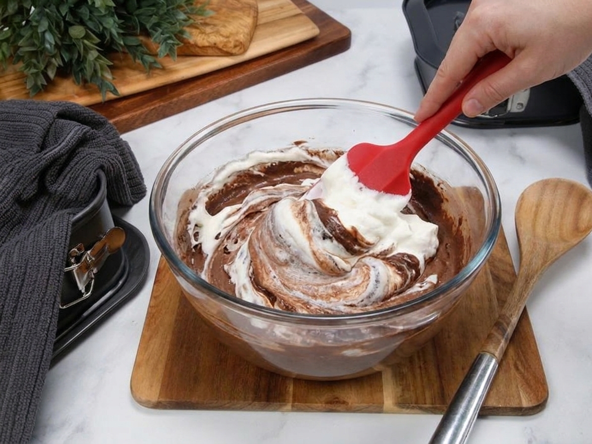 A rubber spatula folding whipped cream into a bowl of chocolate mixture, turning it into a lighter, mousse-like texture on a kitchen counter