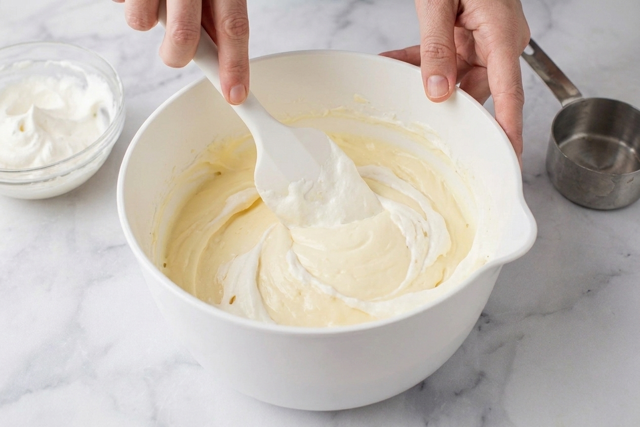 A rubber spatula folding whipped cream into a cream cheese mixture in a large mixing bowl