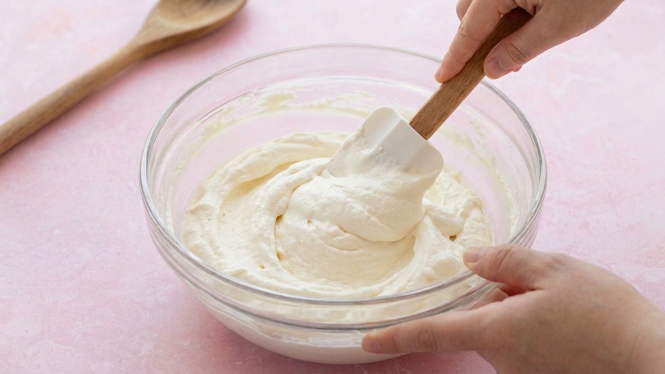 A rubber spatula folding whipped cream into a cream cheese mixture in a large bowl