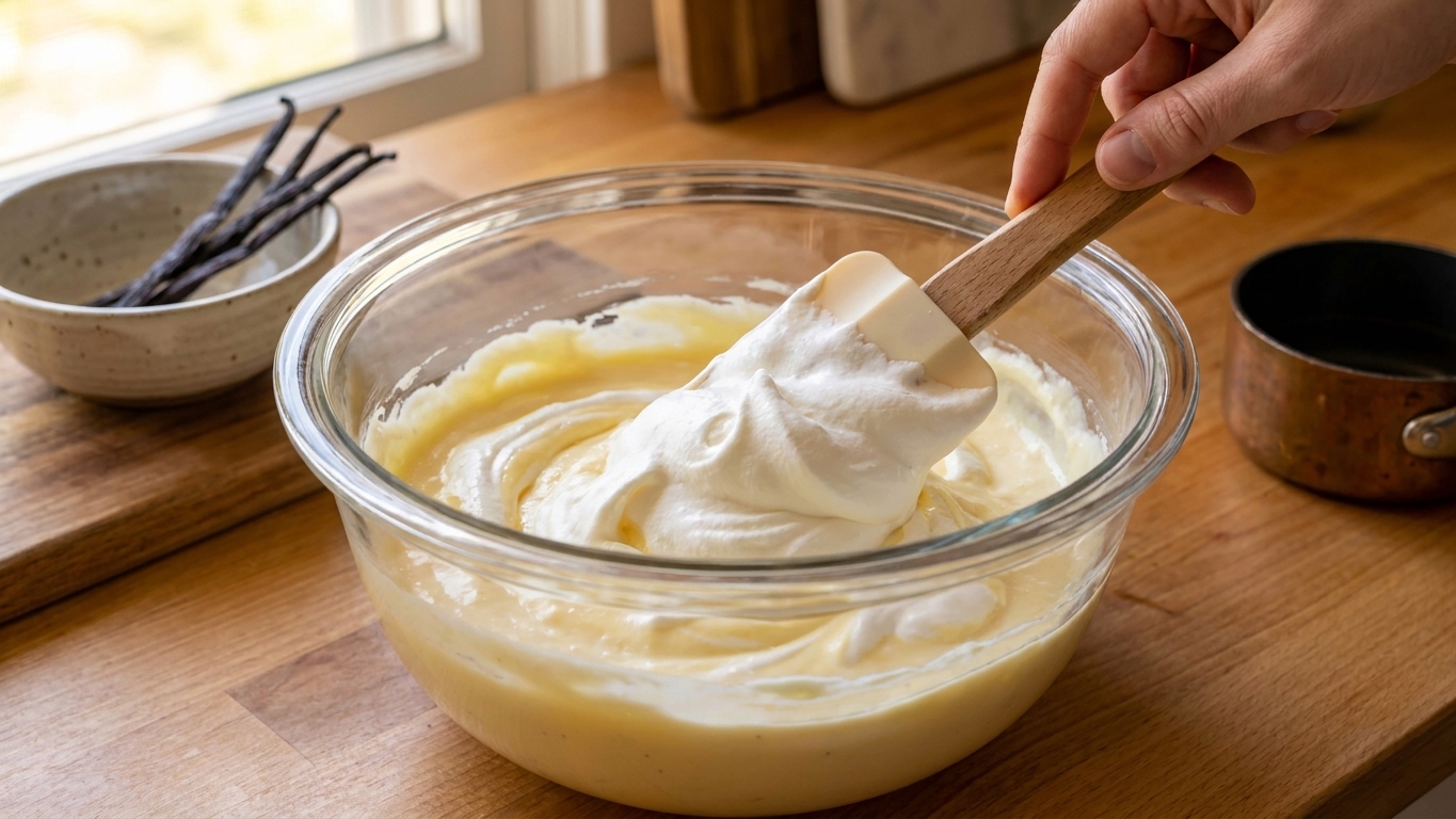 A rubber spatula folding whipped cream into a pale vanilla pudding mixture inside a large glass mixing bowl on a kitchen counter