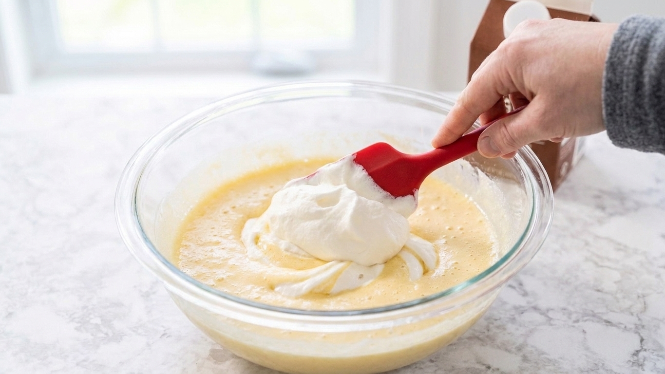 A rubber spatula folding whipped cream into a pale egg and sugar mixture in a large mixing bowl