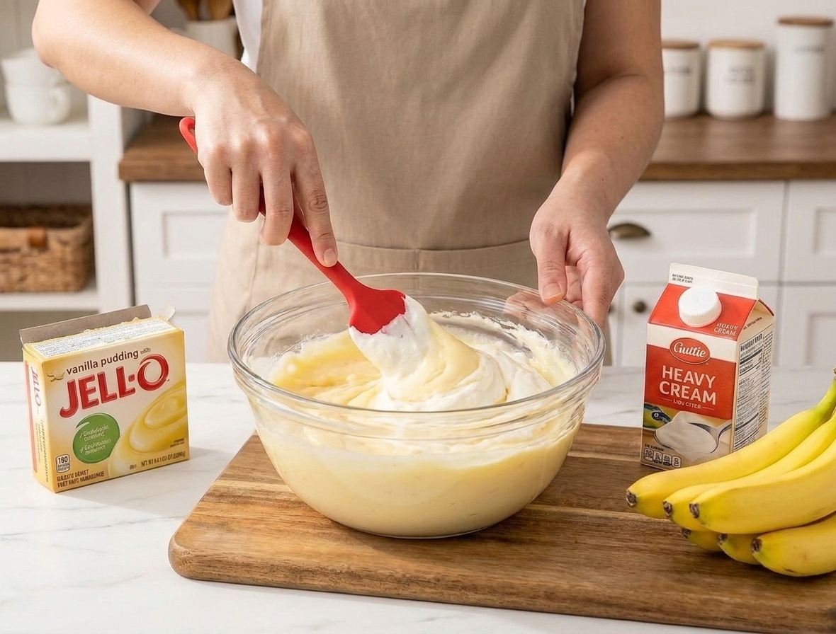 A rubber spatula folding whipped cream into thick vanilla pudding in a large bowl.