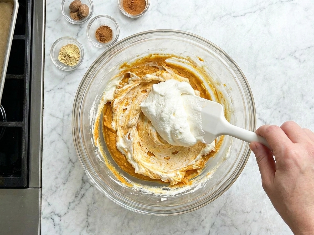 A rubber spatula folding whipped topping into a bowl of pumpkin dip mixture, creating a lighter, airy texture