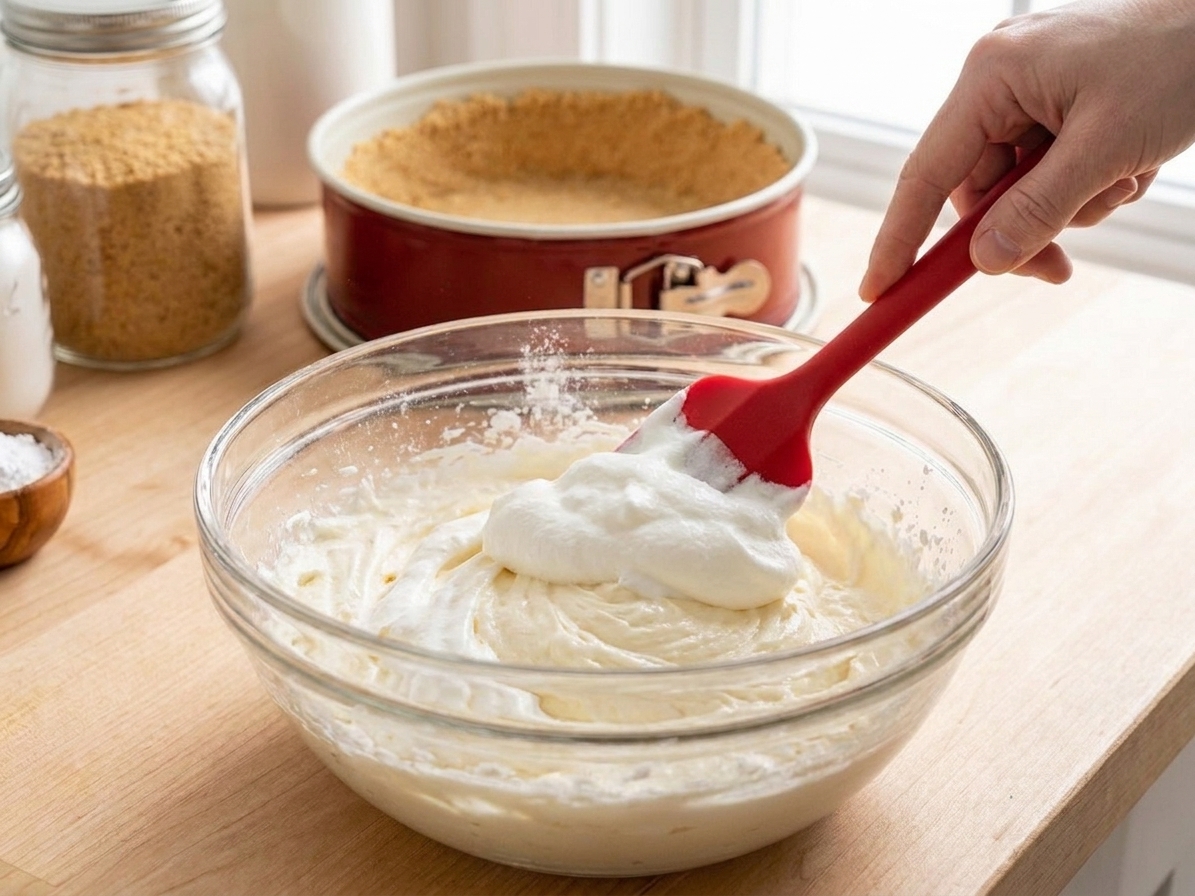 A rubber spatula folding whipped topping into a cream cheese mixture in a large bowl